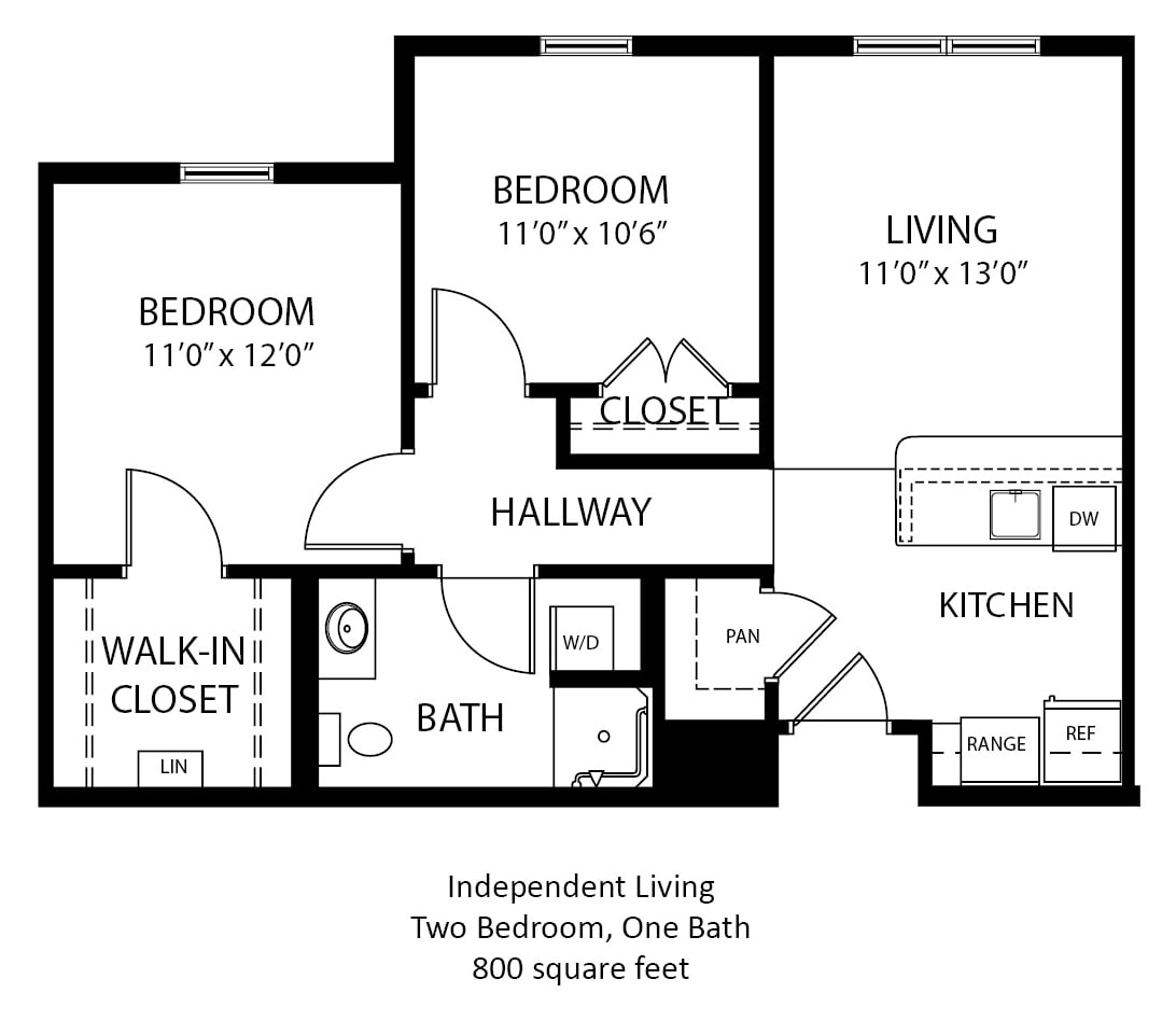 A floor plan of an independent living apartment featuring two bedrooms and one bathroom, covering a total area of 900 square feet.
