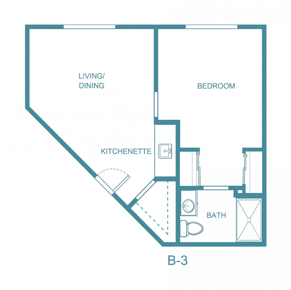 A floor plan of a one-bedroom apartment with a kitchenette, bathroom, and living area.