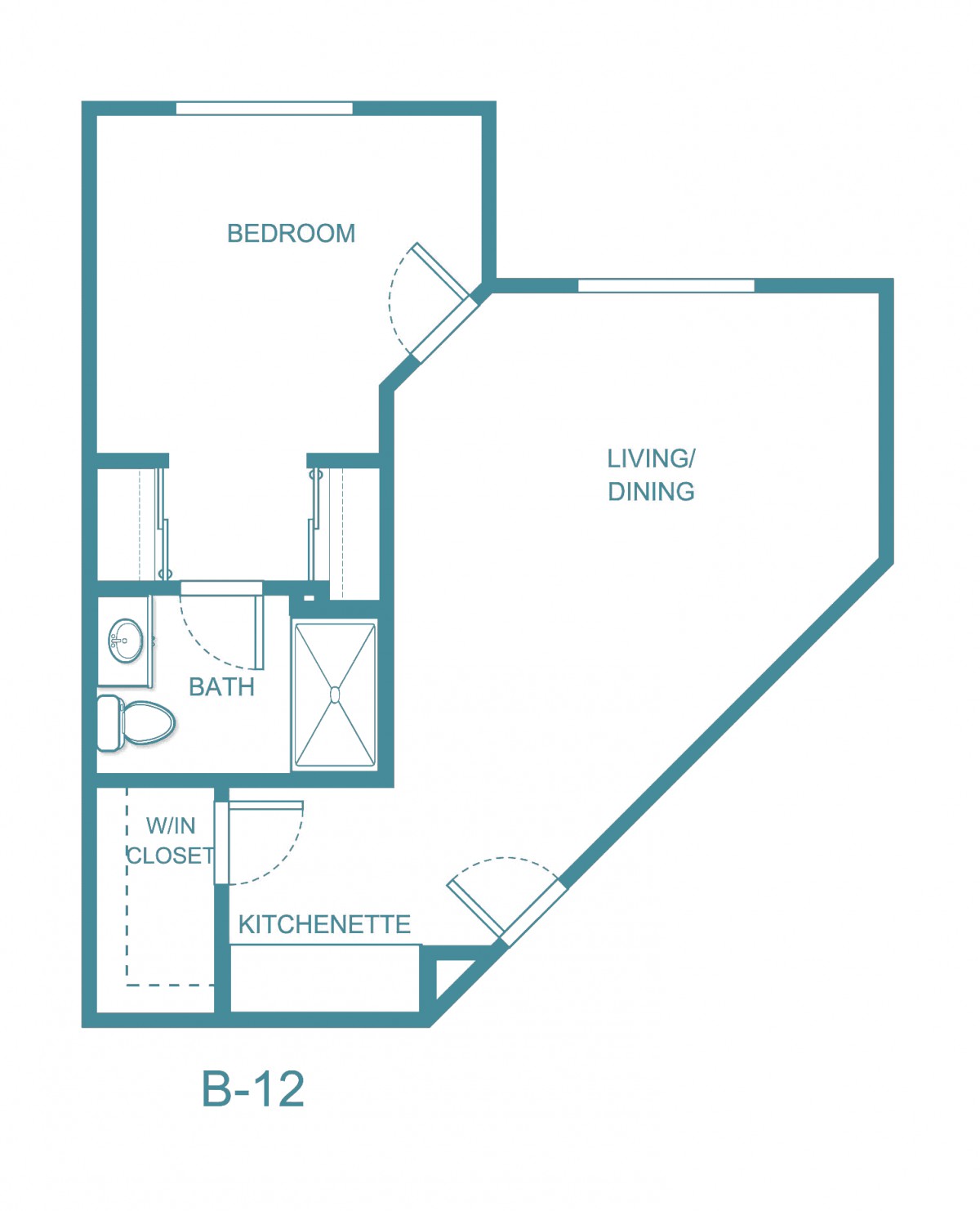A floor plan of a one-bedroom apartment featuring a living/dining area, kitchenette, bathroom, and closet space.