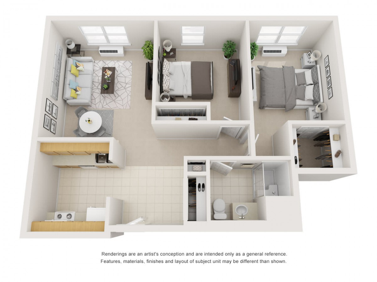 A 3D floor plan of a two-bedroom apartment featuring a living room, kitchen, and bathroom.