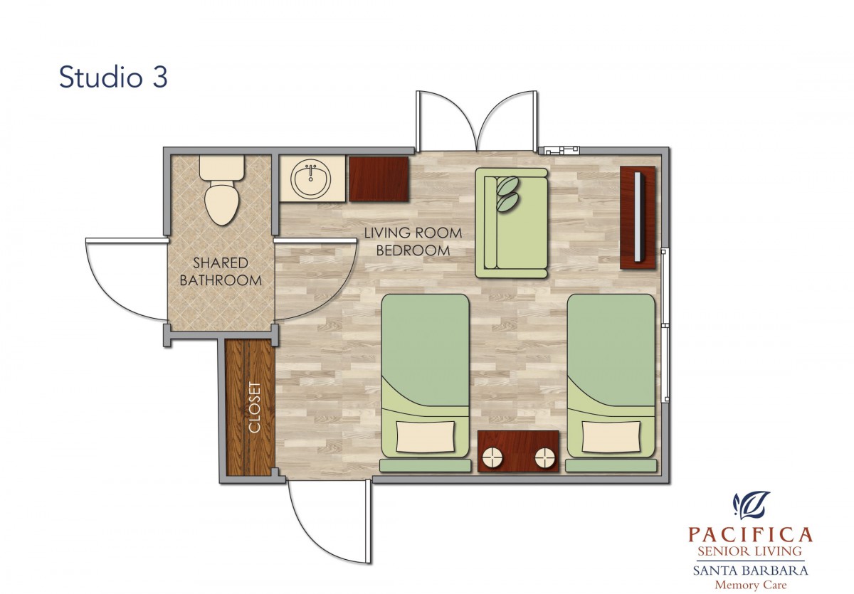 A detailed floor plan of a bedroom and bathroom layout.