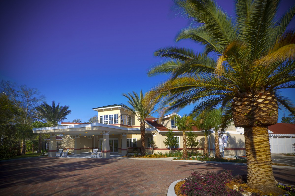 A sunny day view of a building surrounded by palm trees.