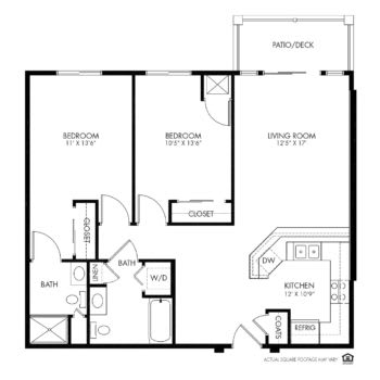 A floor plan of an apartment featuring two bedrooms, a bathroom, a living area, and kitchen space.