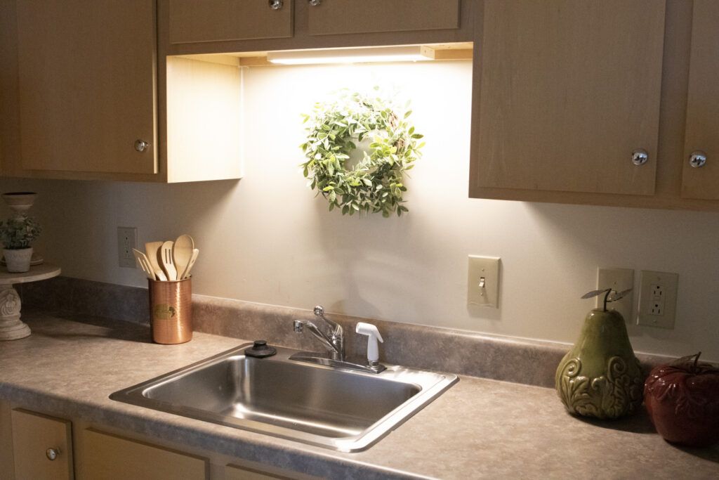 A kitchen sink with overhead lighting, featuring a small potted plant and countertop accessories.