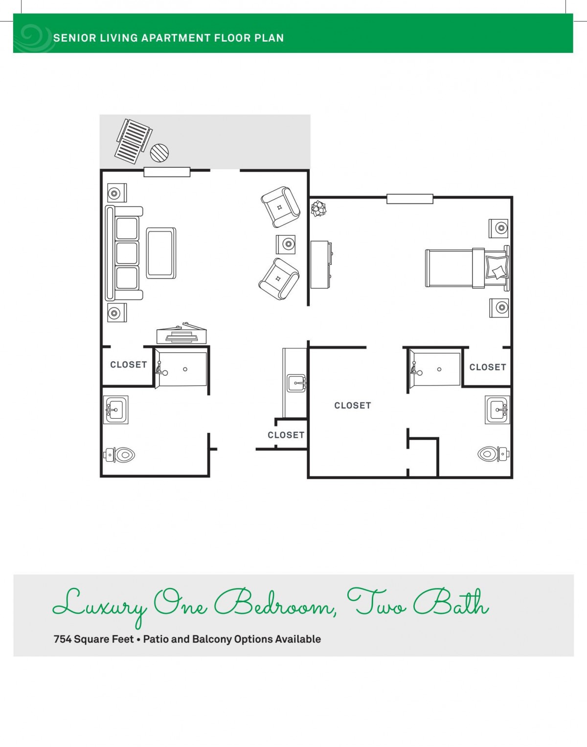 A floor plan of a one-bedroom, two-bathroom apartment showcasing the layout and room arrangement.