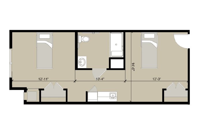 A simple floor plan layout depicting two bedrooms and a bathroom.