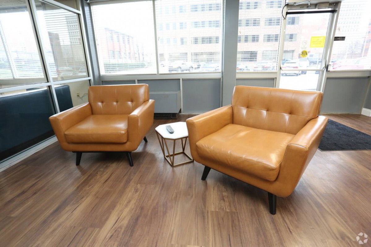 Two leather armchairs in a bright, modern living room with large windows.