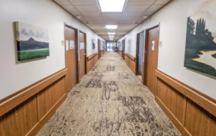 A hallway with several doors and a patterned carpet.