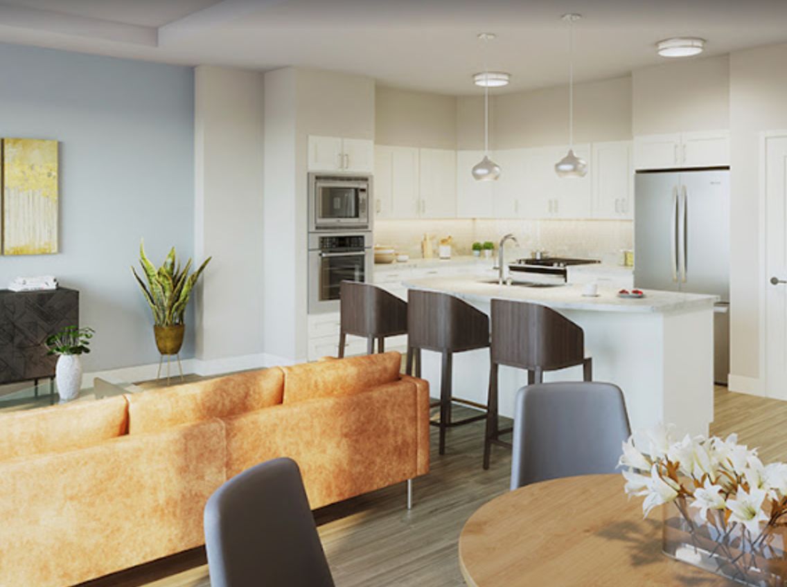 A modern open-concept kitchen and living area featuring sleek furnishings and contemporary decor.