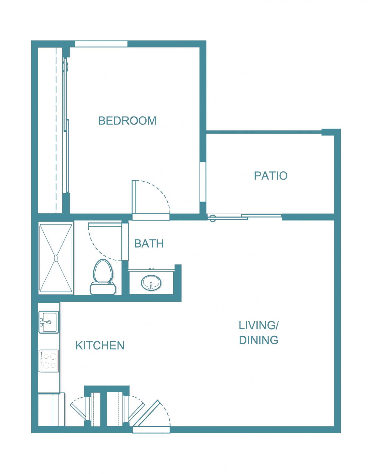A one-bedroom apartment floor plan including a living/dining area, kitchen, bathroom, and patio.