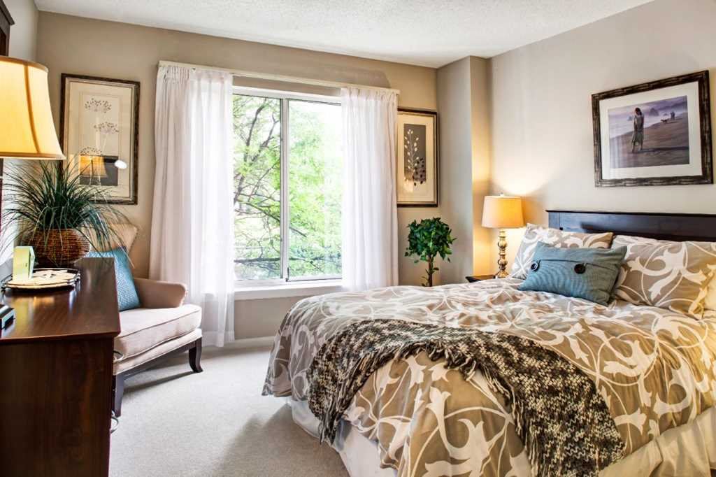 A cozy and well-decorated bedroom with natural light streaming through a large window.