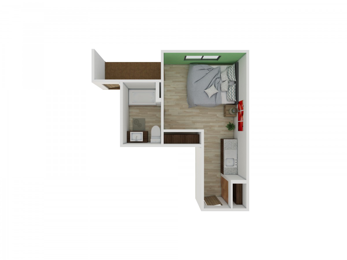 A compact studio apartment floor plan featuring a bedroom, kitchen, and living area.
