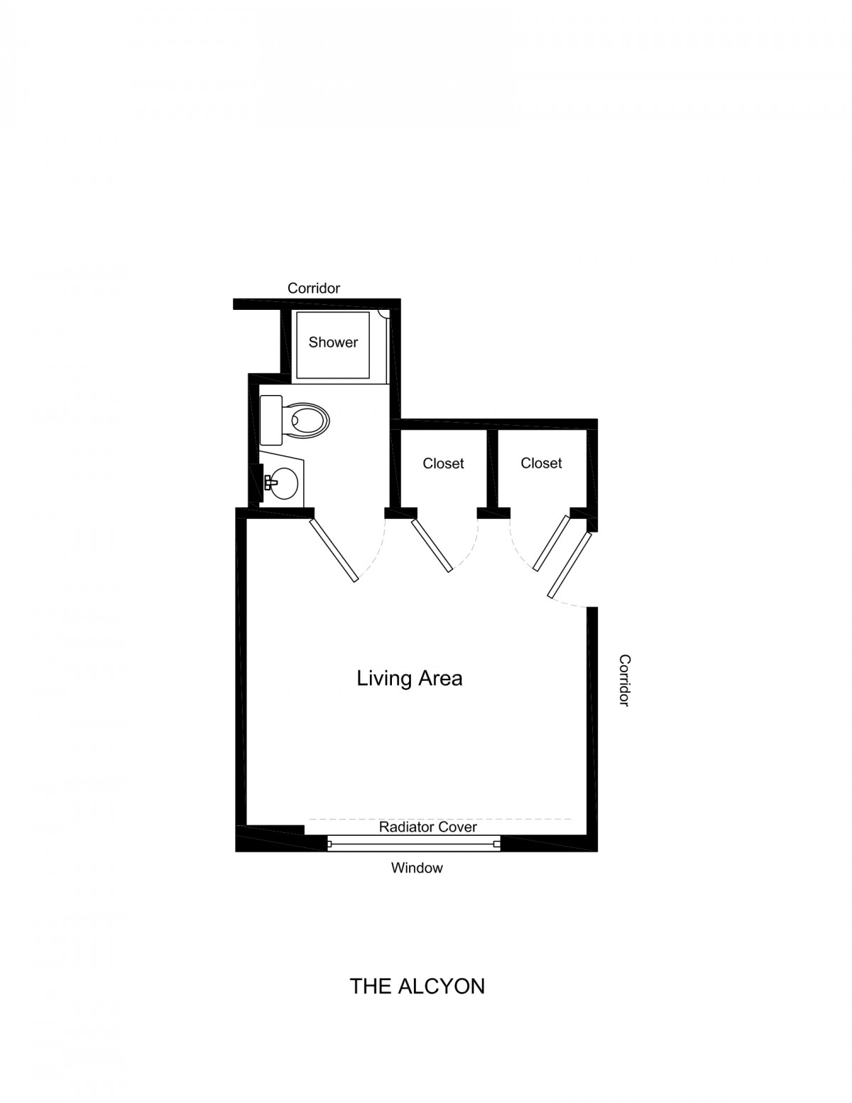 A simple floor plan featuring a living room, bathroom, and multiple closets.