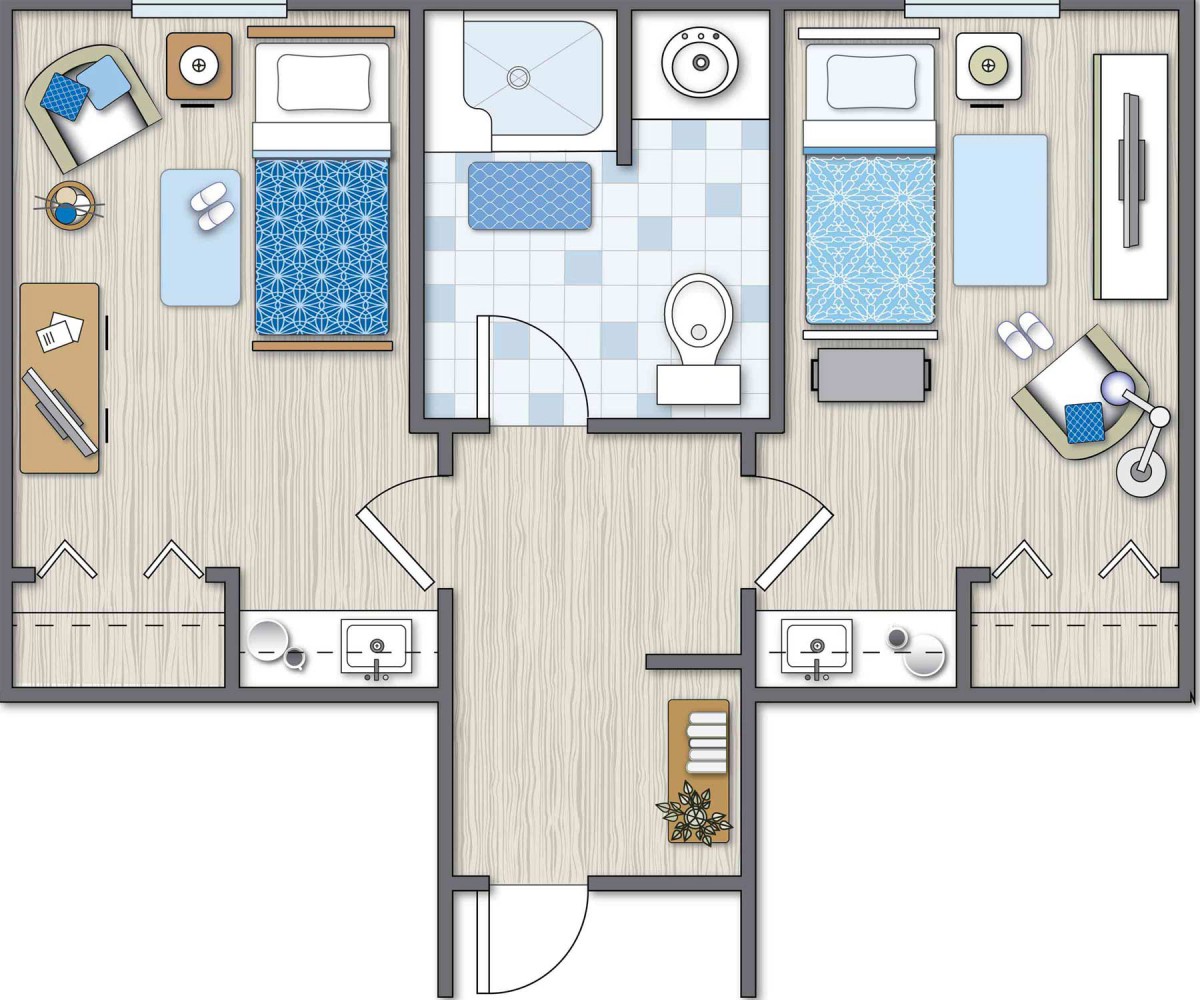 A detailed floor plan of an apartment featuring two bedrooms, a bathroom, and a central hallway.