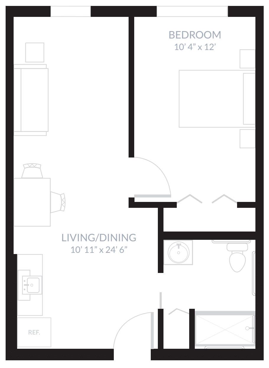 A simple floor plan layout of an apartment, showing rooms and dimensions.
