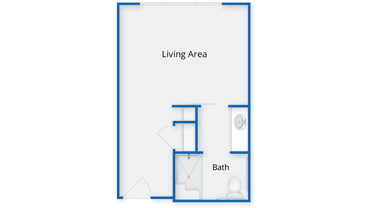 A floor plan of a studio apartment featuring a living area and a bathroom.