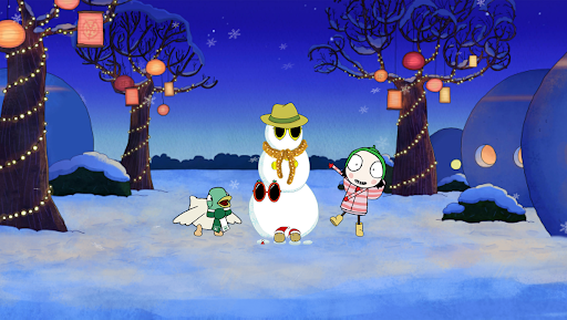 A whimsical winter scene featuring cartoon characters enjoying a snowy landscape with a cool snowman.