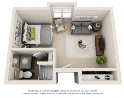 A detailed floor plan of a one-bedroom apartment, featuring a living room, bedroom, bathroom, and kitchen.