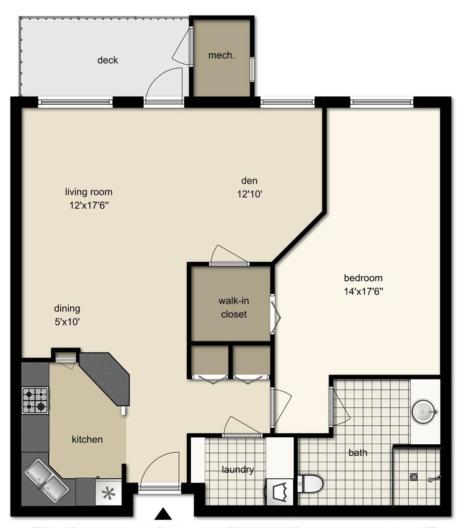 A floor plan depicting a residential layout with labeled rooms including a living room, den, bedroom, kitchen, and deck.