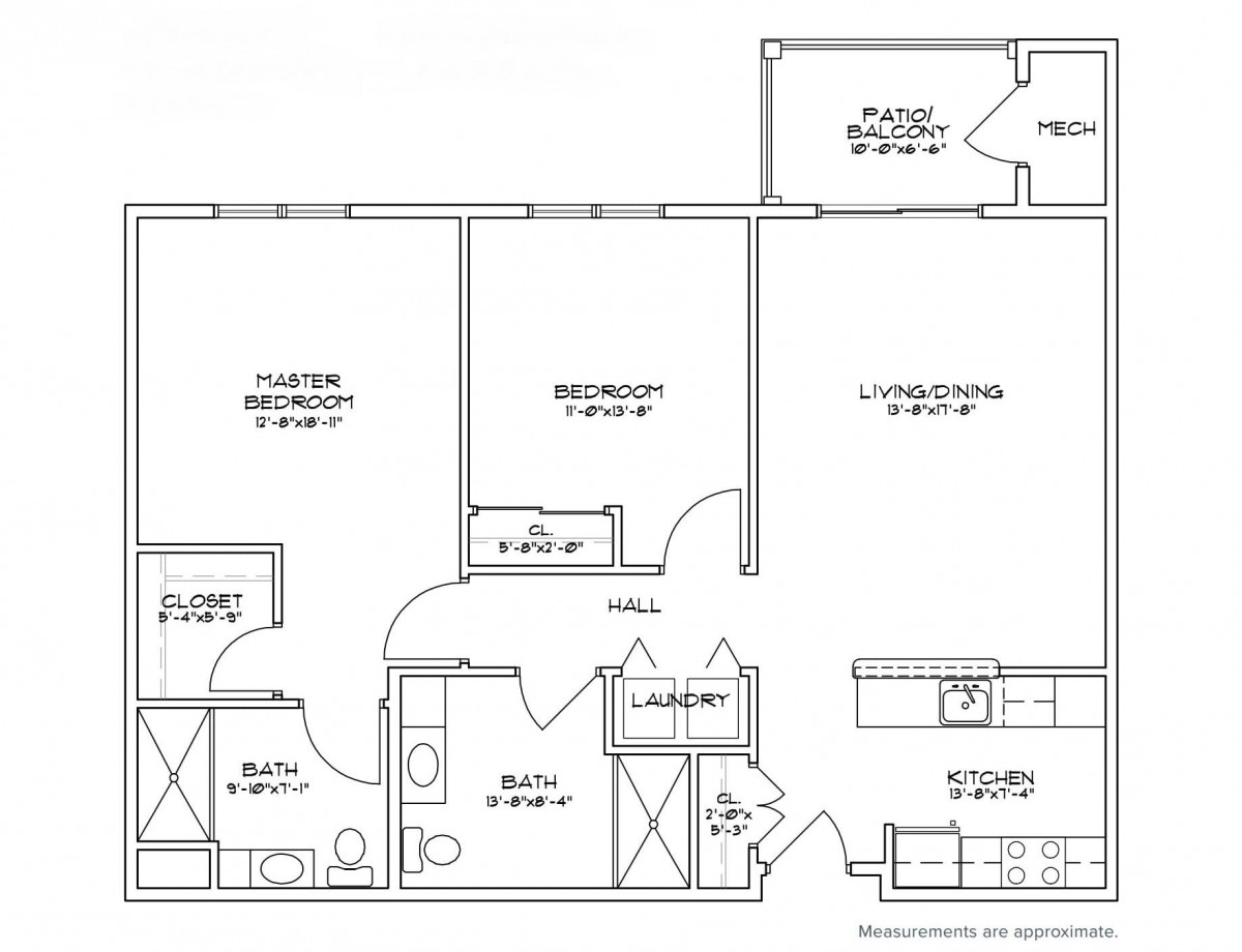A floor plan of a residential apartment showing two bedrooms, a kitchen, living room, and utility areas.