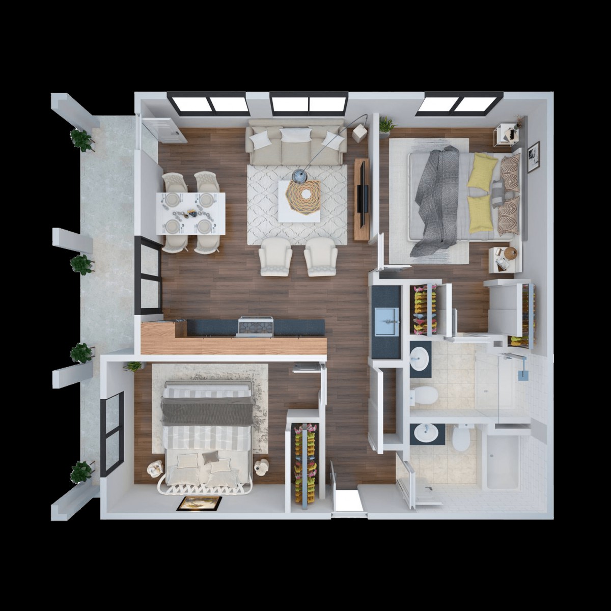 A 3D rendered floor plan showcasing a modern home layout, including a living room, kitchen, dining area, and bedrooms.