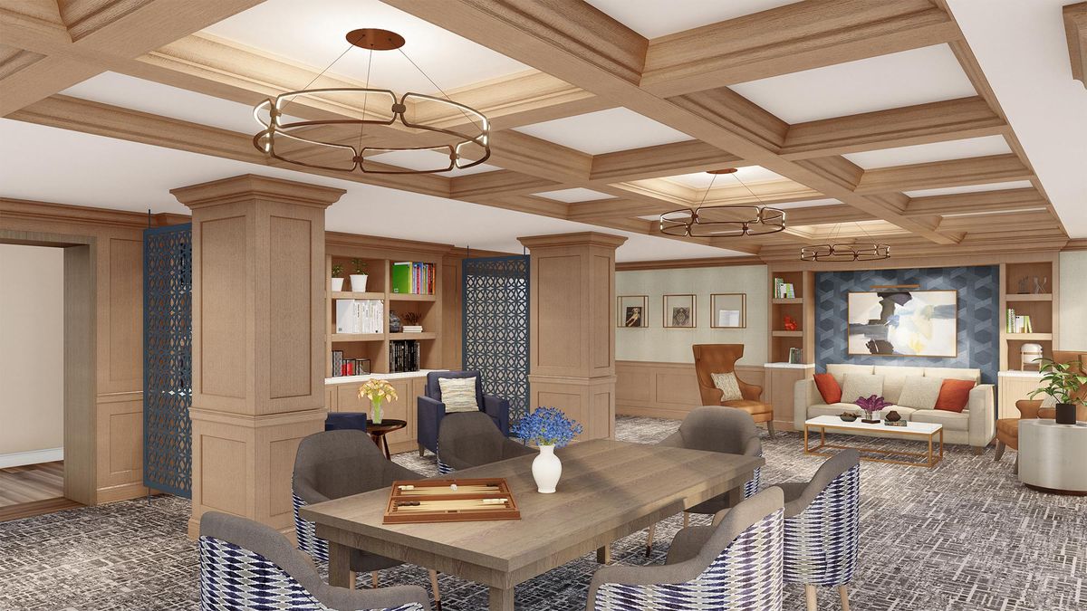 A cozy and modern library interior with wooden accents, featuring bookshelves, comfortable seating, and stylish lighting.