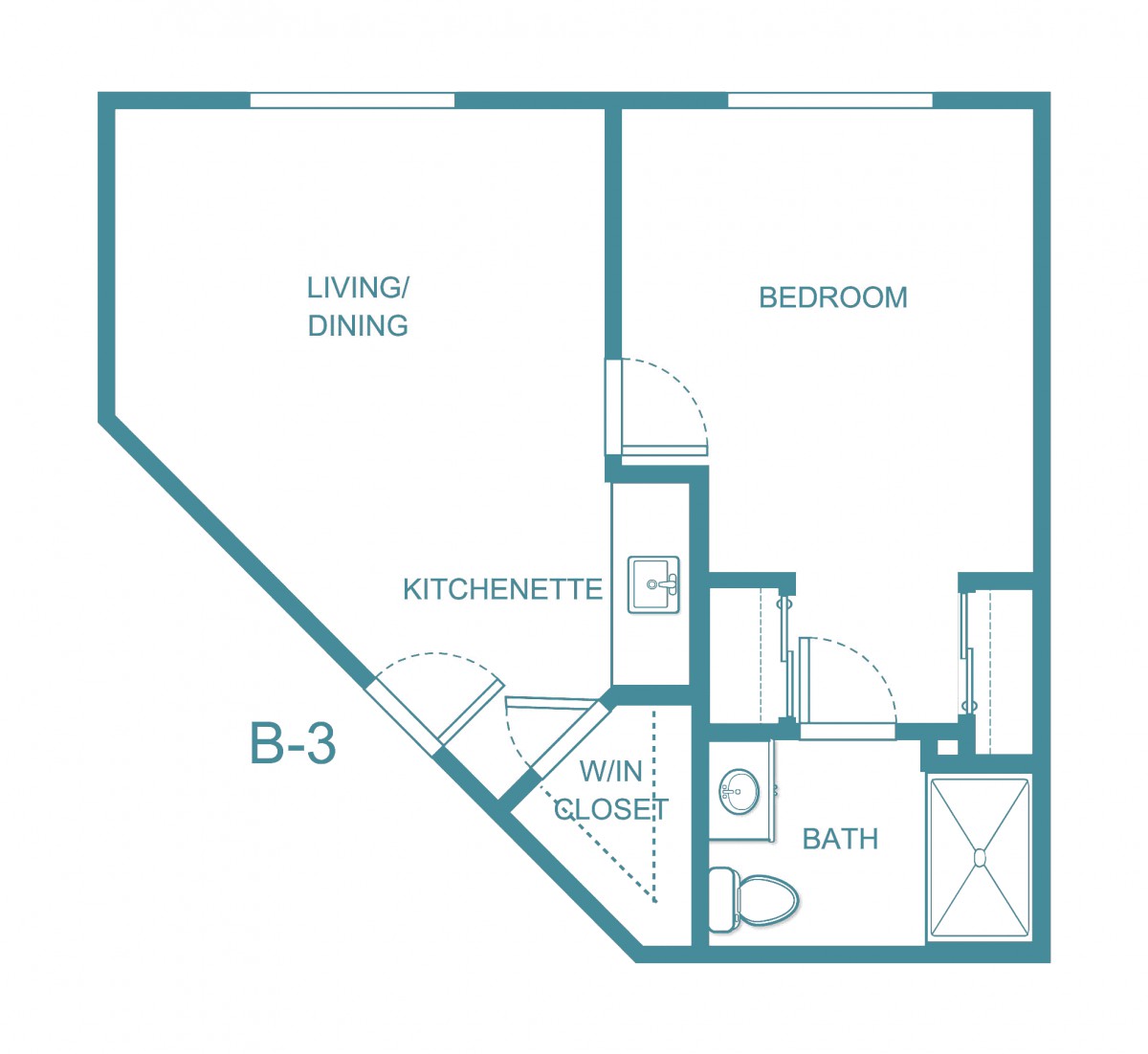 A floor plan of a one-bedroom apartment featuring a living/dining area, kitchenette, bathroom, and bedroom.