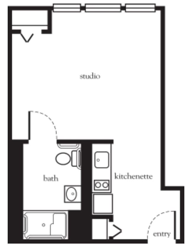 Studio apartment floor plan with kitchenette and bathroom