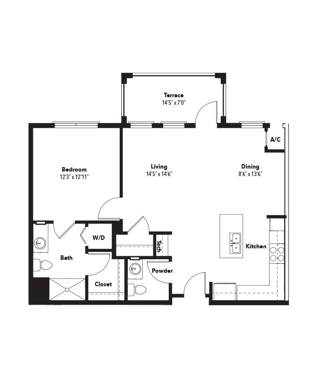 A detailed floor plan of an apartment featuring a bedroom, bathroom, kitchen, living area, and terrace.