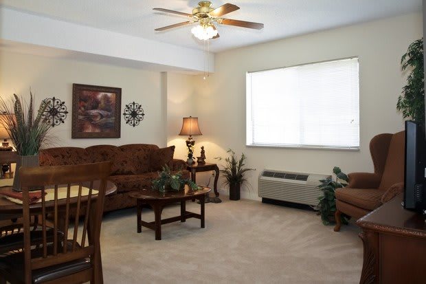 A cozy living room with a sofa, coffee table, lamp, and a large window.