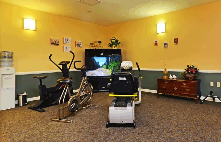 A cozy indoor fitness room with exercise bikes and a large screen for virtual rides.