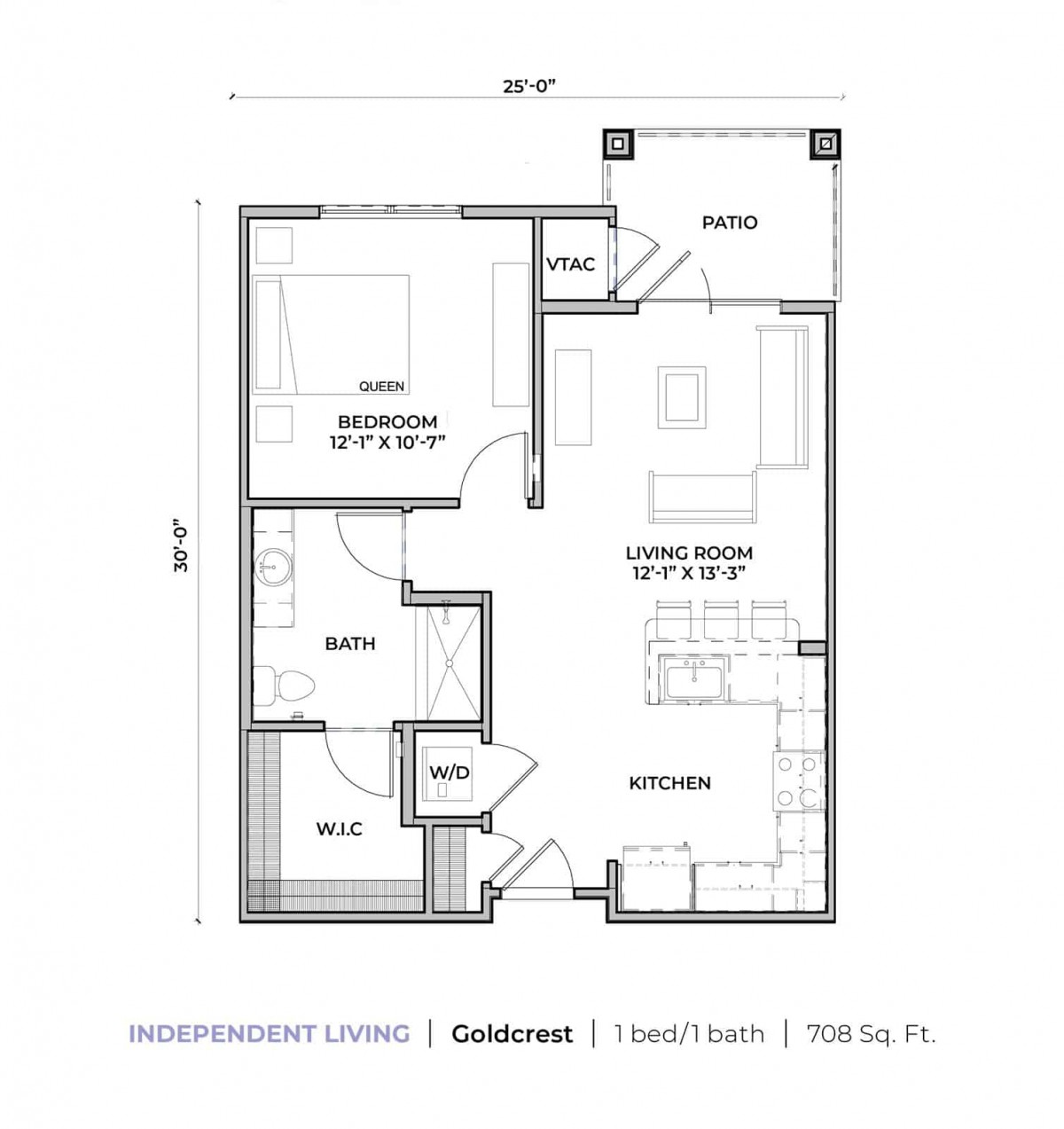 Floor plan of a 1-bedroom apartment with living room, kitchen, and bathroom.