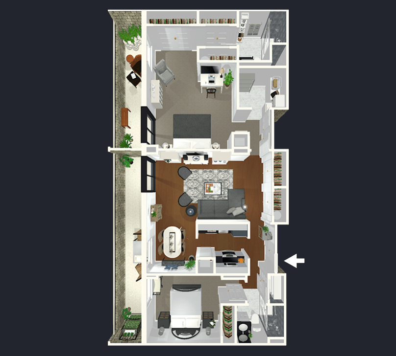 A detailed floor plan of an apartment showcasing the arrangement of rooms and furniture.
