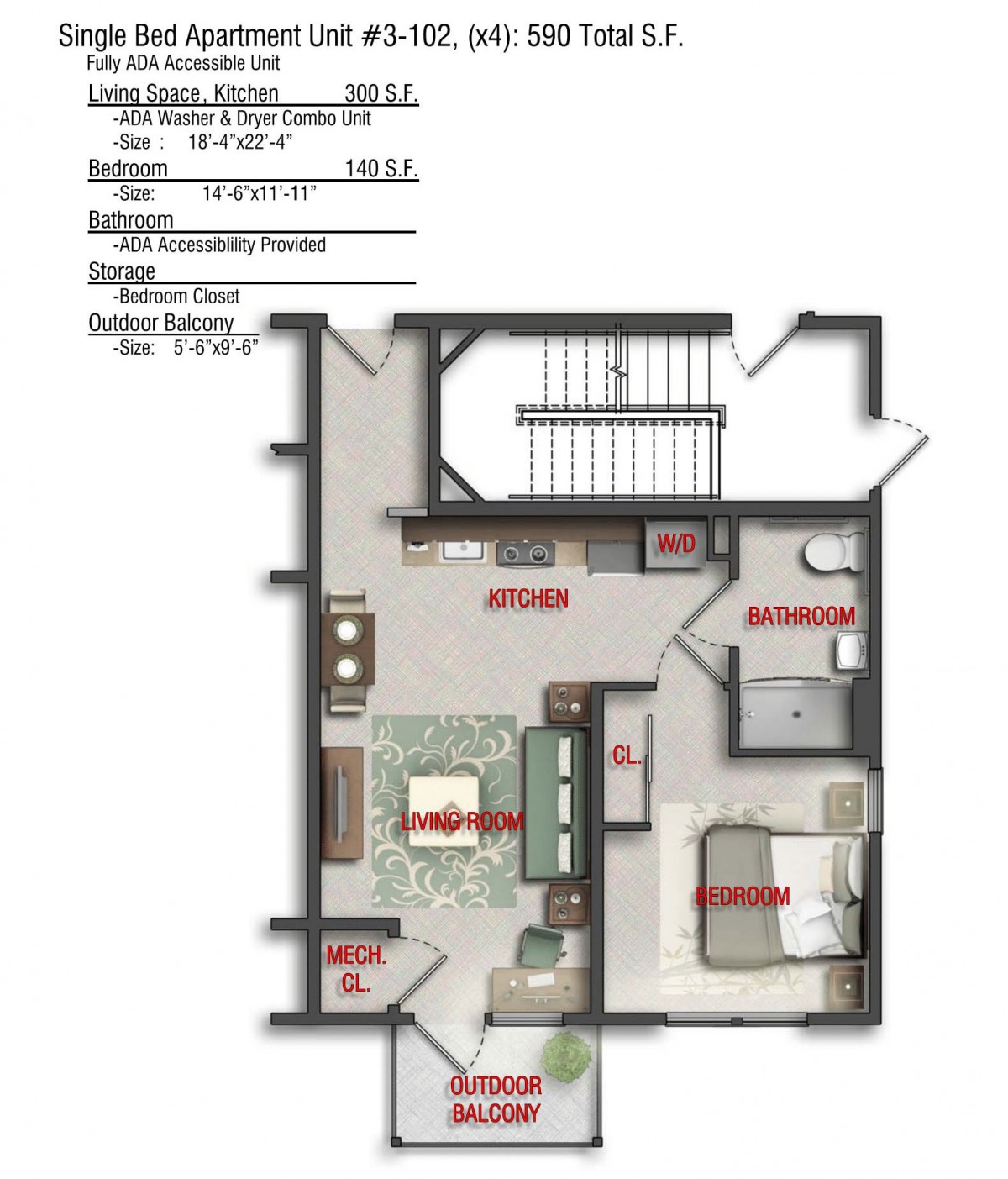 A floor plan of a residential apartment detailing room dimensions and layout.
