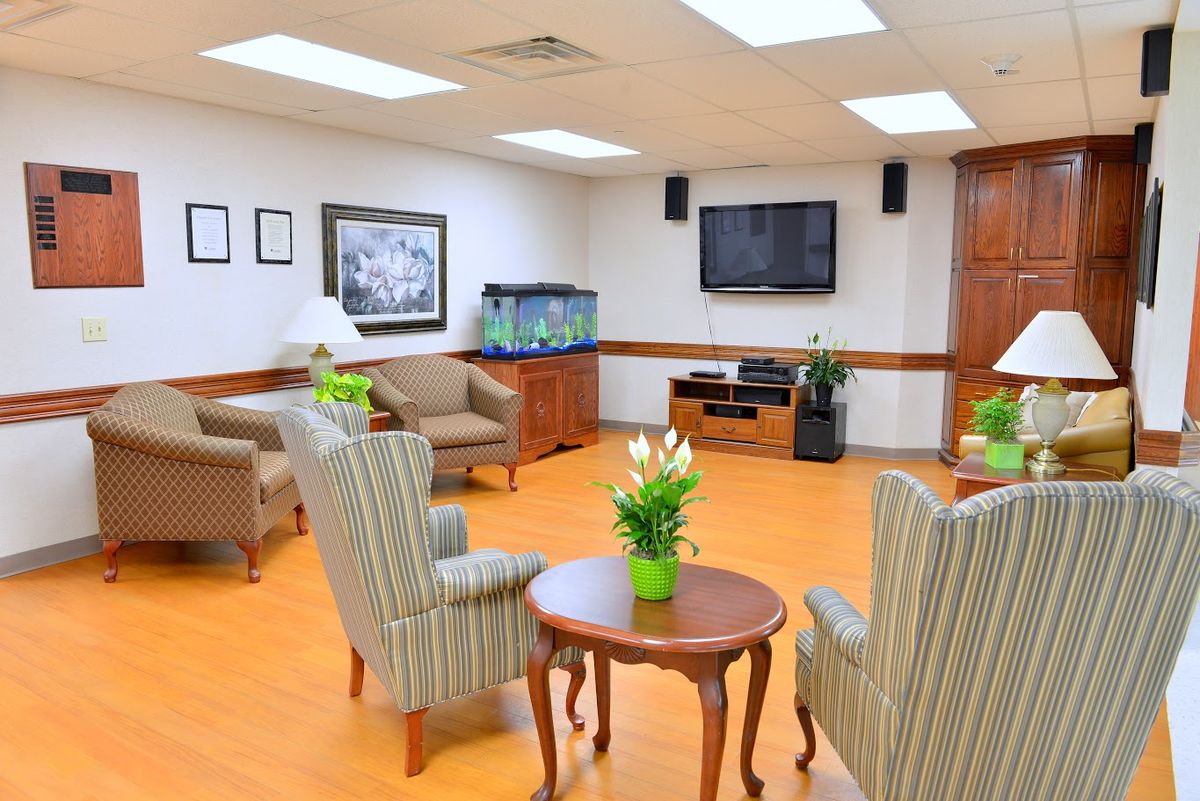 A cozy waiting room with comfortable seating, a television, and an aquarium, decorated with indoor plants and wooden flooring.
