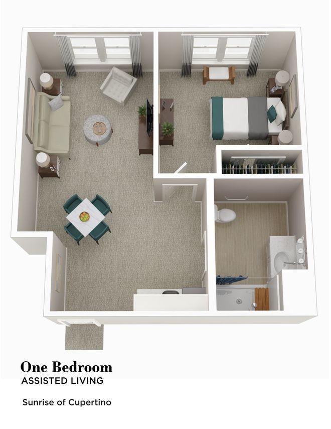 A 3D floor plan of a one-bedroom apartment with a living room, kitchen, and bathroom.