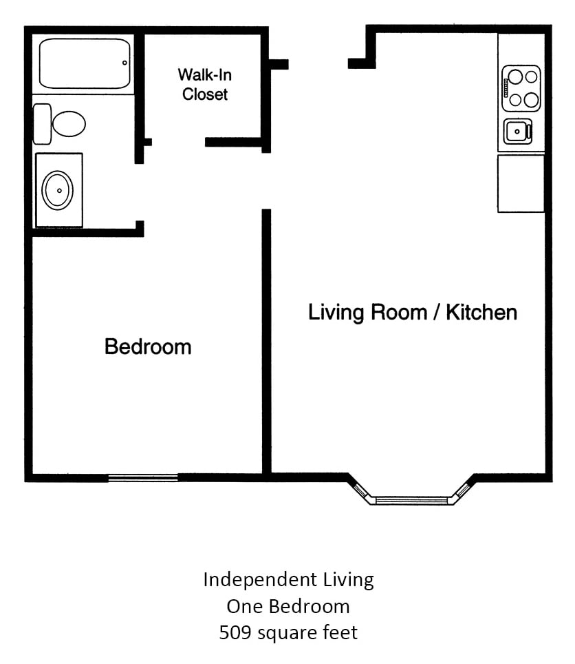 Floor plan of an independent living one-bedroom apartment.