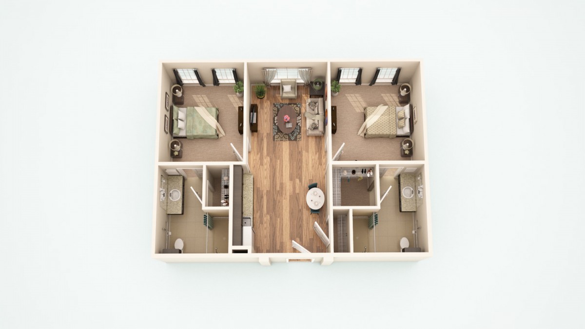 A 3D floor plan layout of an apartment with two bedrooms, a central living area, and bathrooms.