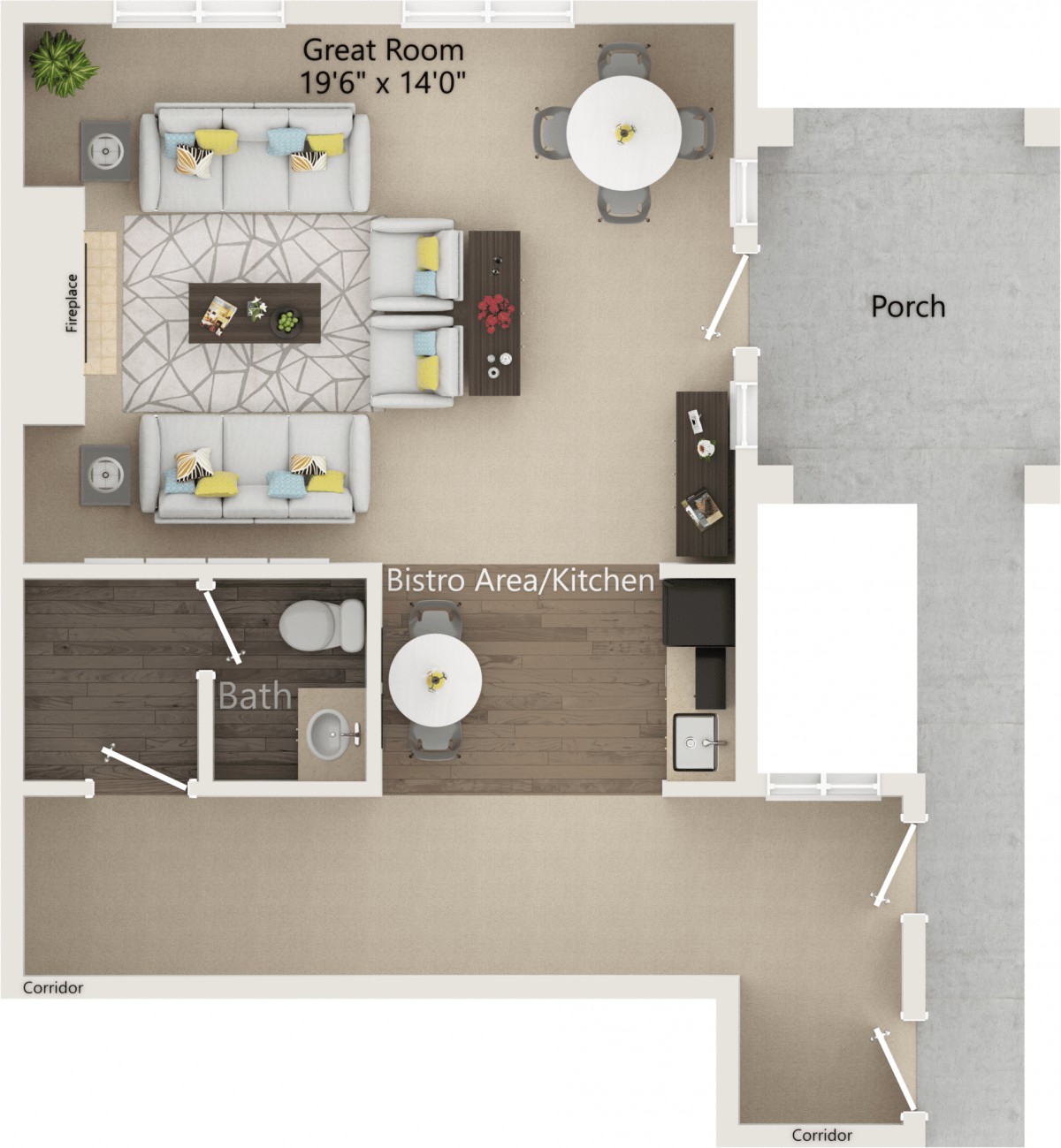 A detailed floor plan of an apartment featuring a living room, kitchen, bathroom, bedroom, and balcony.