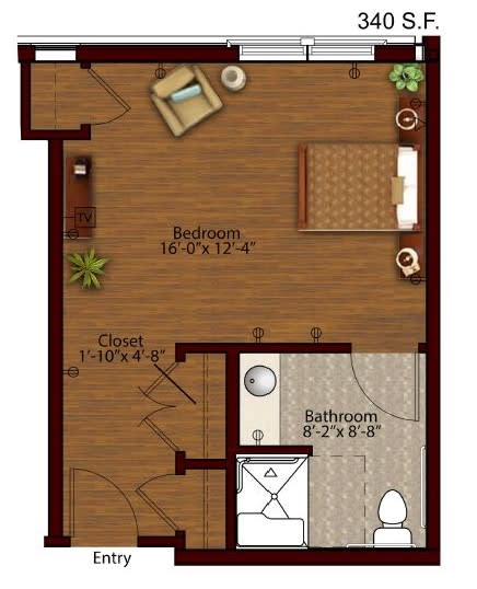 A detailed floor plan of a small apartment featuring a bedroom, bathroom, and closet.