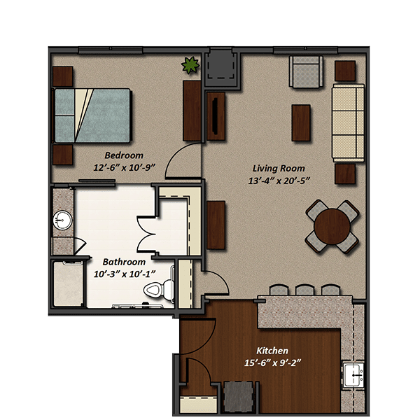 A floor plan of a one-bedroom apartment featuring a living room, kitchen, bedroom, and bathroom.