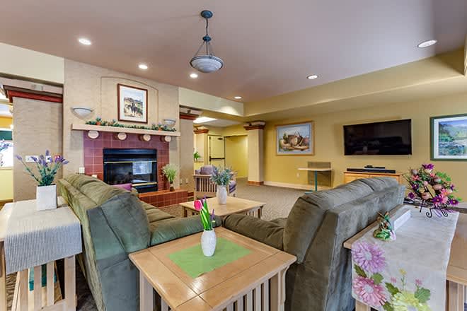 A cozy living room with a fireplace, comfortable seating, and elegant decor.