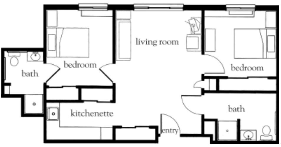 A simple floor plan of a small apartment with a bedroom, kitchenette, living room, and entryway.