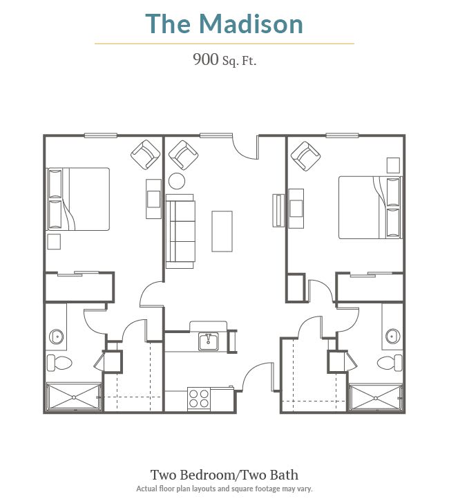 The Madison apartment floor plan featuring a two-bedroom layout with shared living room, kitchen, and bathrooms.