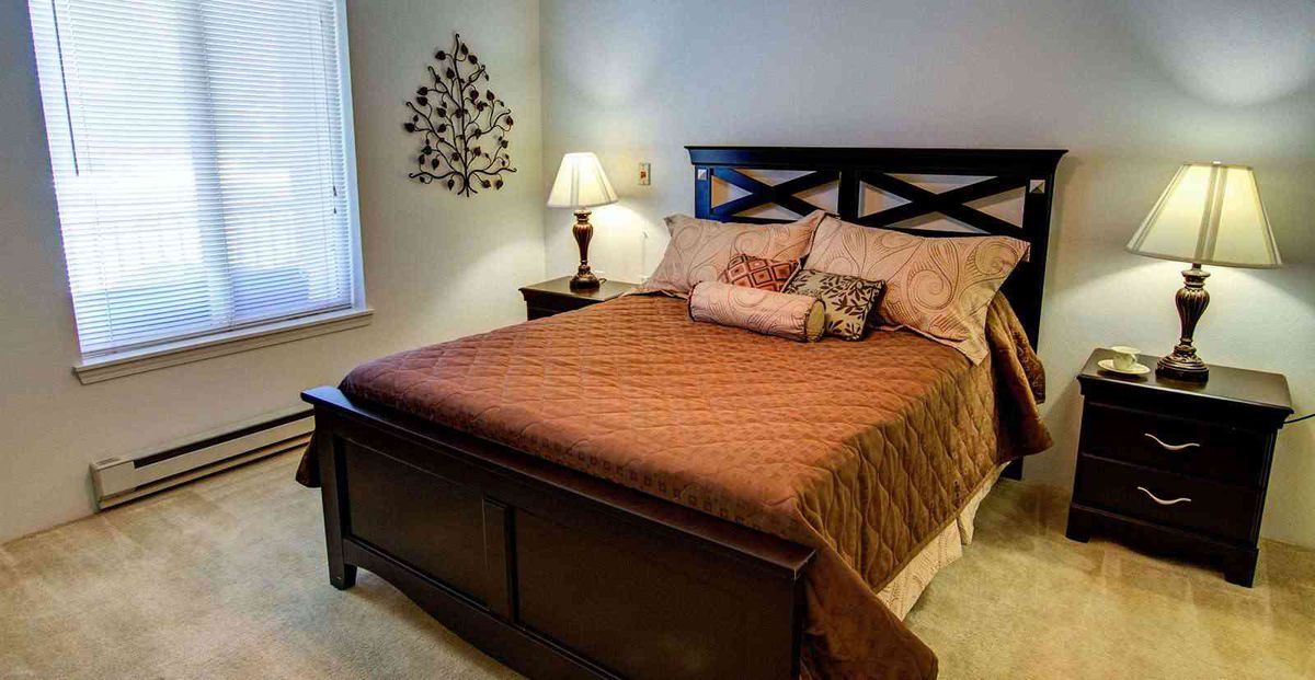 A cozy bedroom with a neatly made bed, accented by decorative pillows and a side lamp.