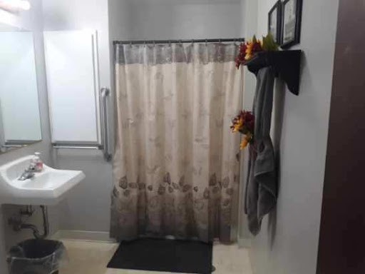 A neatly organized bathroom featuring a shower curtain, sink, and decorative elements.
