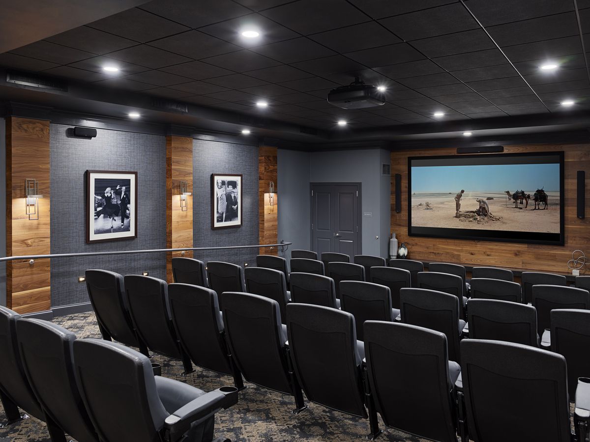 A modern home theater with multiple rows of seating and a large projector screen.