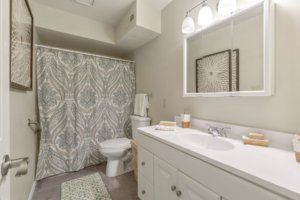 A clean and modern bathroom with a patterned shower curtain and well-lit vanity.