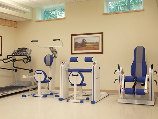 A well-equipped exercise area featuring various fitness machines in blue and white.