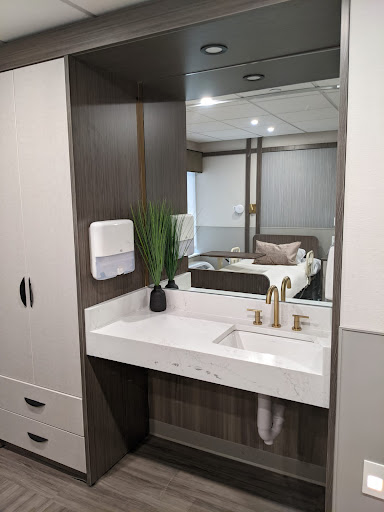 A sleek and modern bathroom with a stylish sink, mirror, and decorative elements.